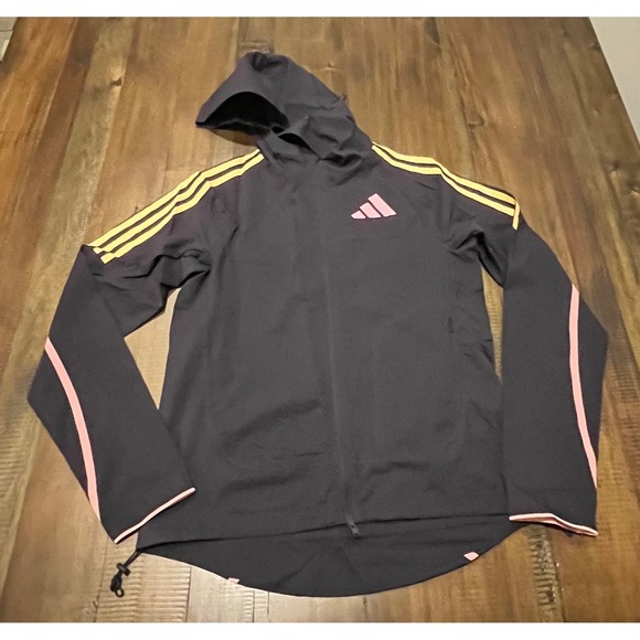 Adidas Men's Lightweight Hooded Jacket Gray Yellow Pink Stripes Athletic Size XS - Picture 7 of 9